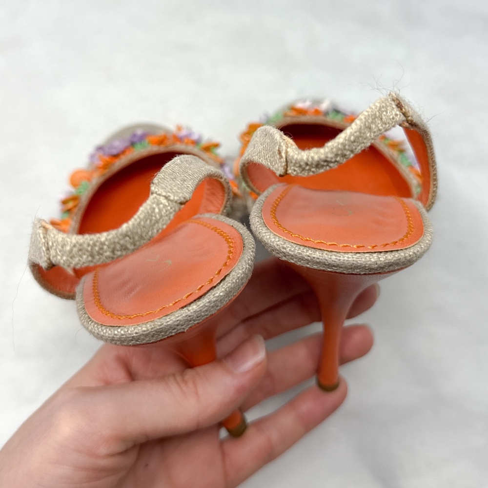 CASADEI Vintage Y2K Shell Beaded Burlap Canvas Leather Slingback Heels 2000s 8.5 - Picture 11 of 16